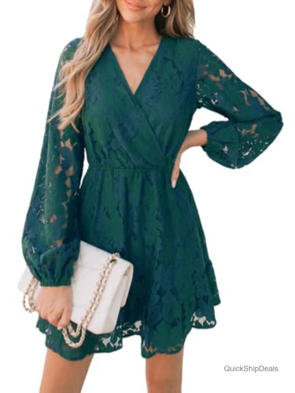 Lace Peasant Sleeve V Neck High Waist A-Line Mini Dress